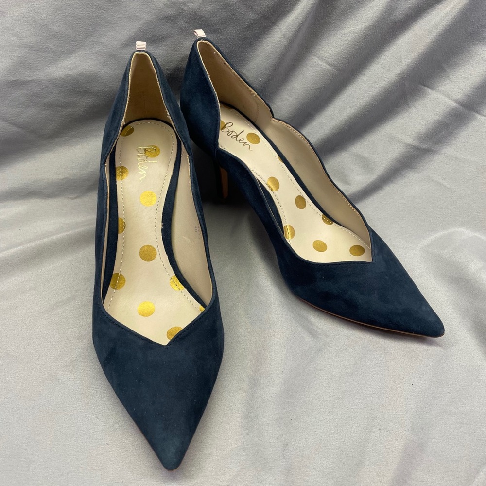 Boden Navy Suede‎ Scalloped Pointed Toe Pumps Gold Polka Dot A0183 Size 40